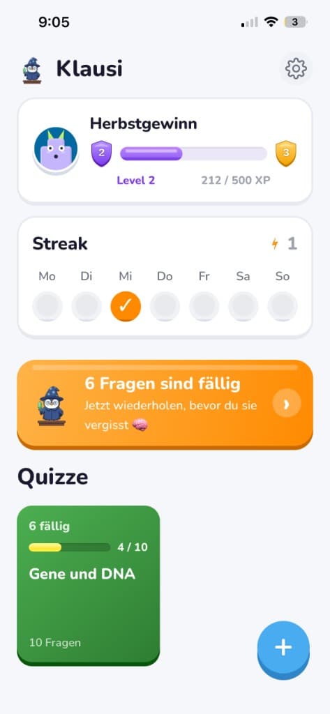 Die Startseite der Klausi App mit Level, Streak und fälligen Quizfragen